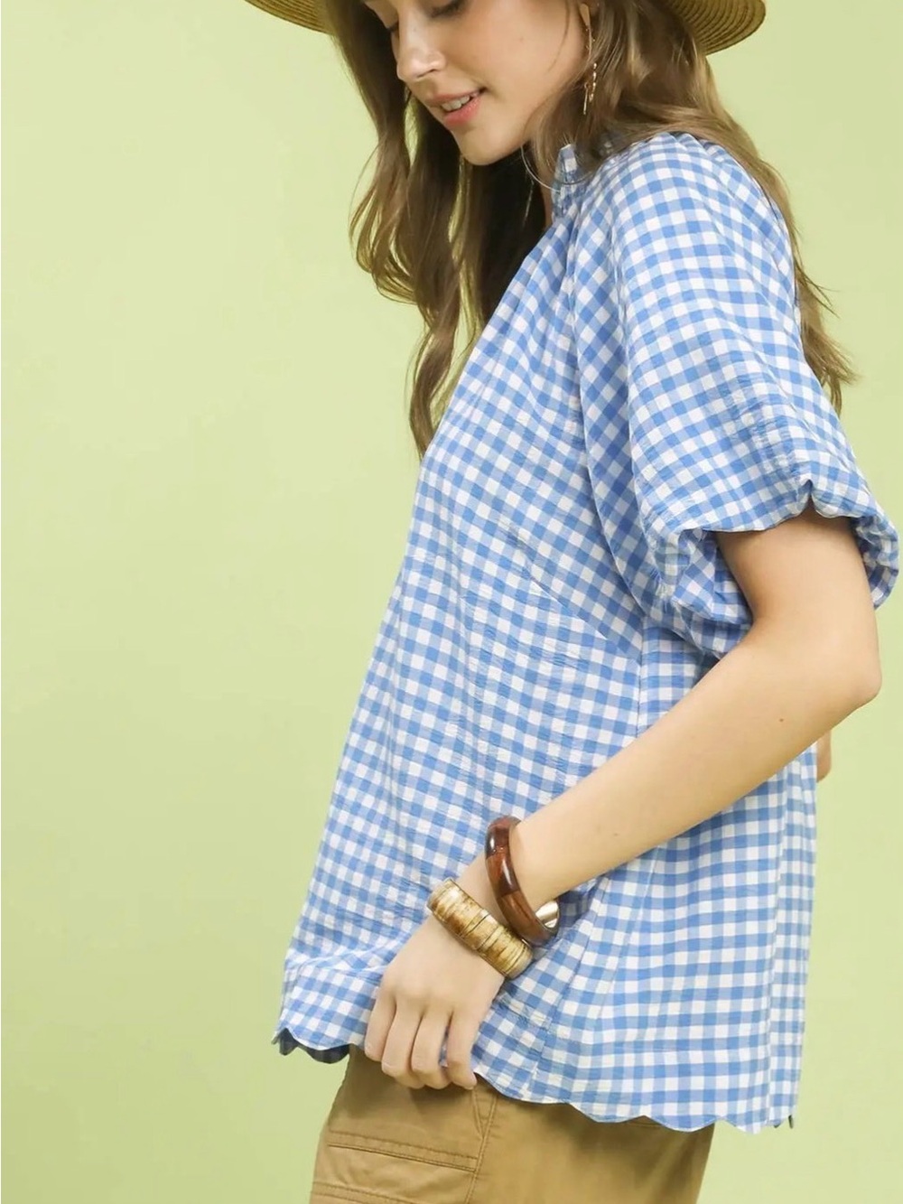 Umgee Blue and White Gingham Short Sleeve Blouse